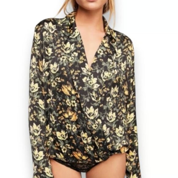 Free People Intimately Black Elsa Floral Printed Bodysuit - Size Small - Picture 1 of 10